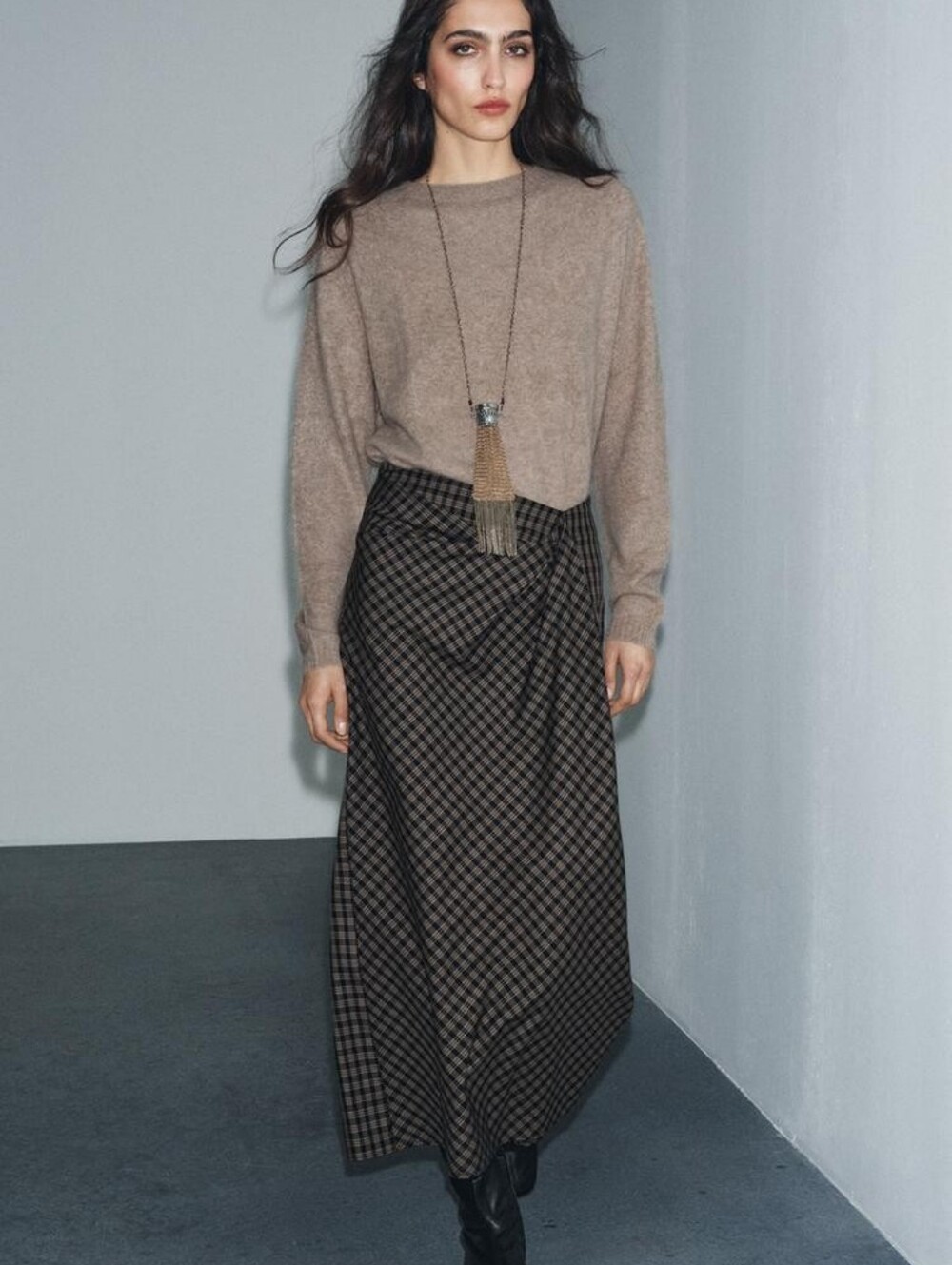 Zara Black Brown Checked Plaid Draped Skirt Fall Academia Preppy - Size Medium